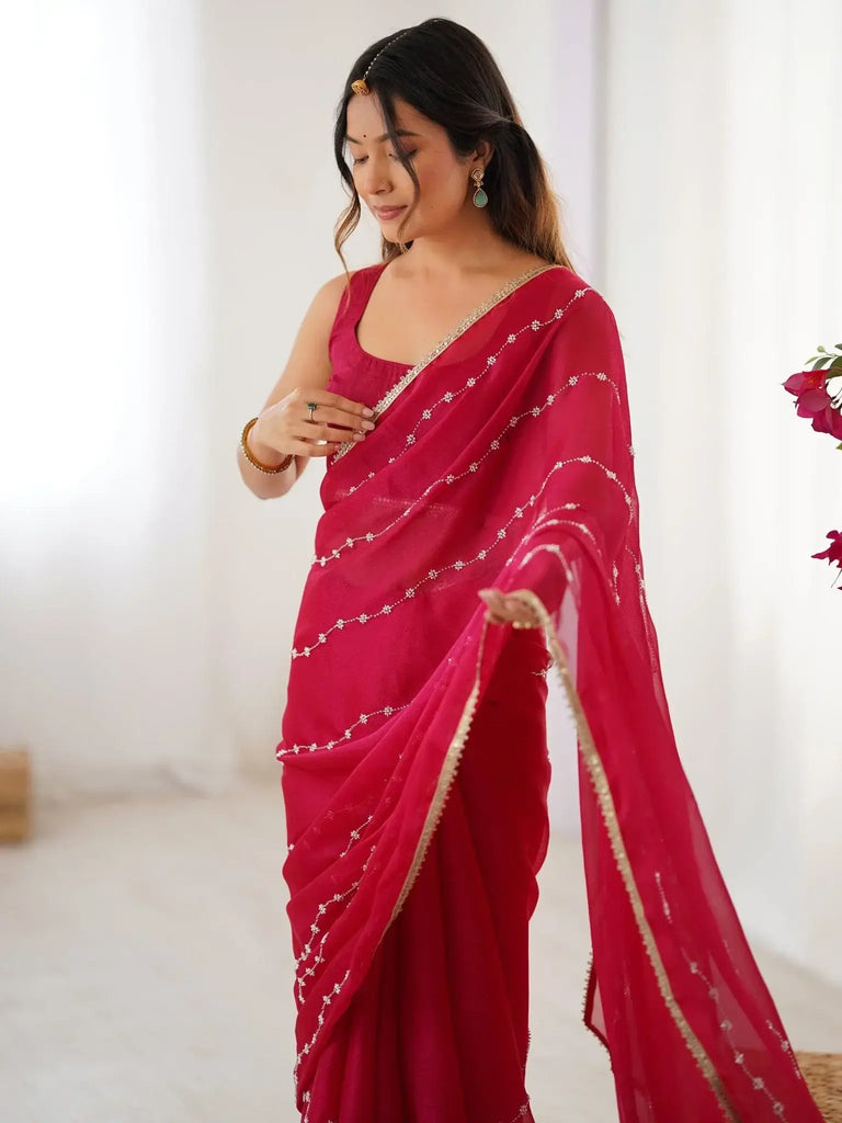 Pretty Pink Motifs Beads Party Wear Saree With Blouse - Ethnic Plus In