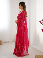 Pretty Pink Motifs Beads Party Wear Saree With Blouse - Ethnic Plus In