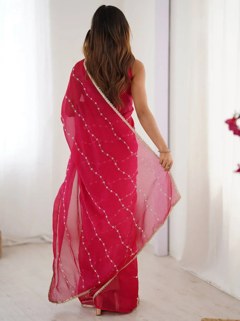 Pretty Pink Motifs Beads Party Wear Saree With Blouse - Ethnic Plus In