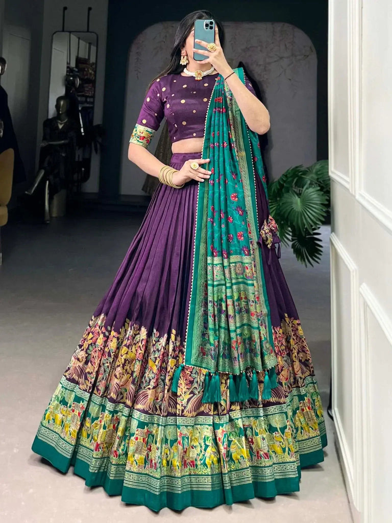 Pretty Purple Foil Work Tussar Silk Lehenga Choli With Dupatta - Ethnic Plus In
