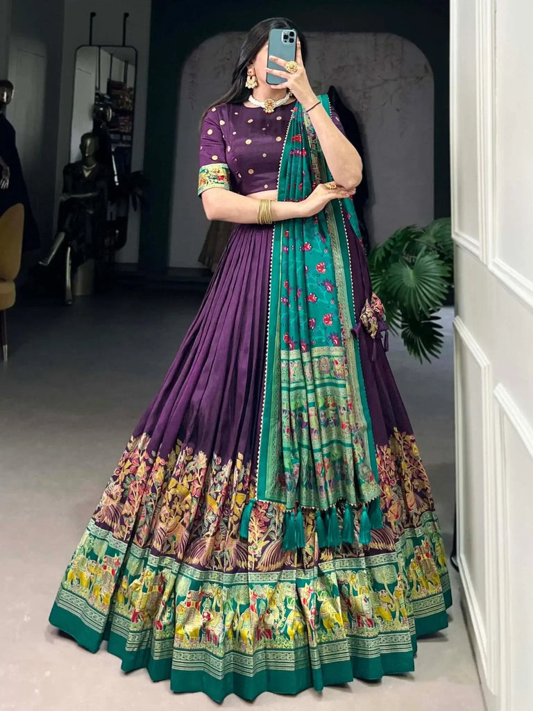 Pretty Purple Foil Work Tussar Silk Lehenga Choli With Dupatta - Ethnic Plus In