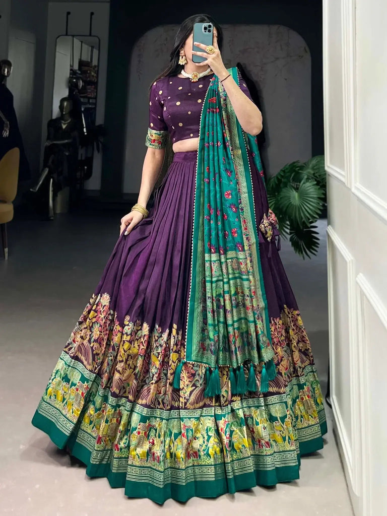 Pretty Purple Foil Work Tussar Silk Lehenga Choli With Dupatta - Ethnic Plus In