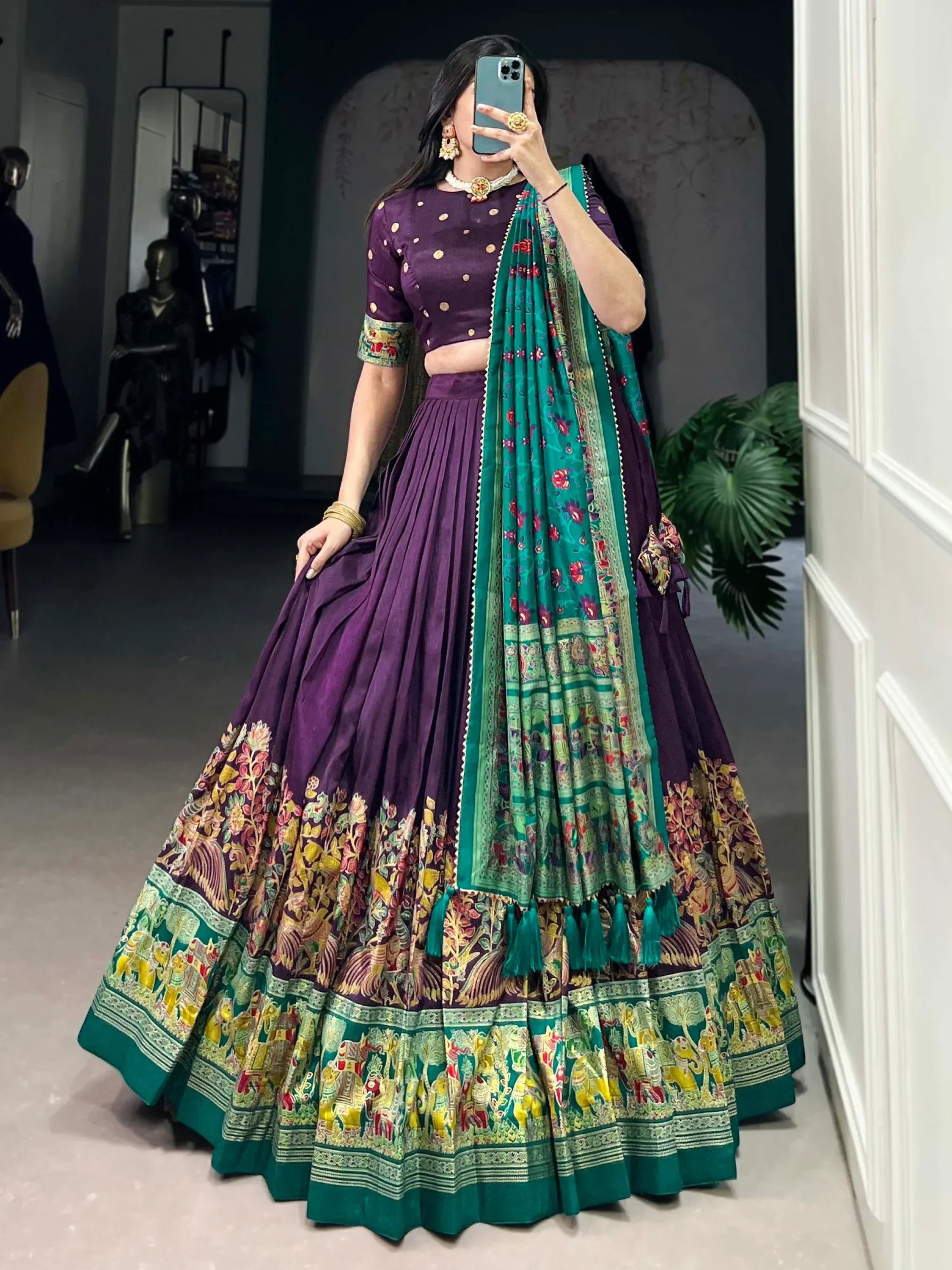 Purple lehenga choli with green floral dupatta, ethnic Indian wear for weddings and festivals