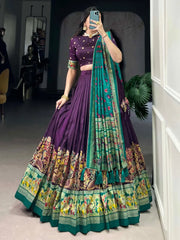 Pretty Purple Foil Work Tussar Silk Lehenga Choli With Dupatta - Ethnic Plus In