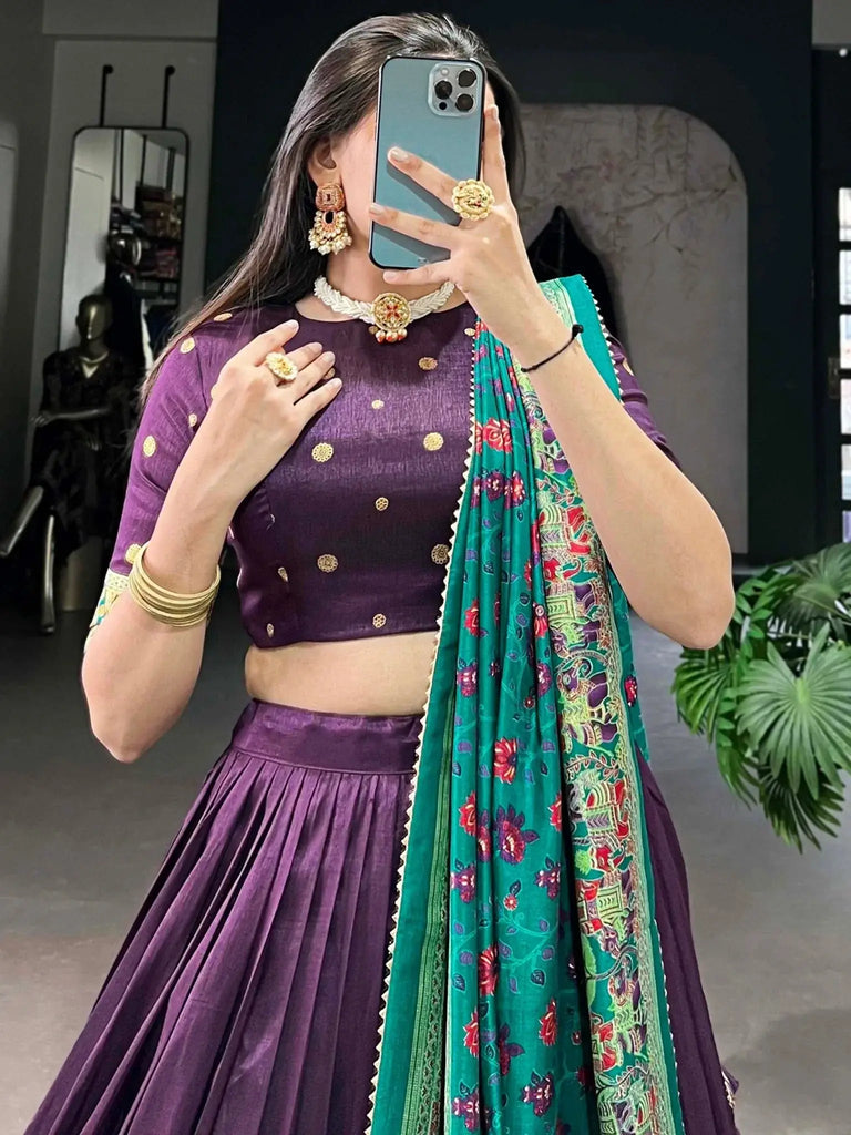 Pretty Purple Foil Work Tussar Silk Lehenga Choli With Dupatta - Ethnic Plus In