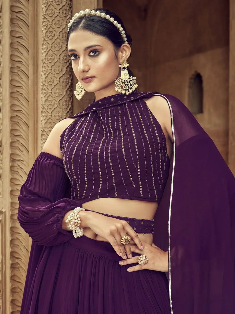 Pretty Purple Hand Work Georgette Function Wear Lehenga Choli - Ethnic Plus In