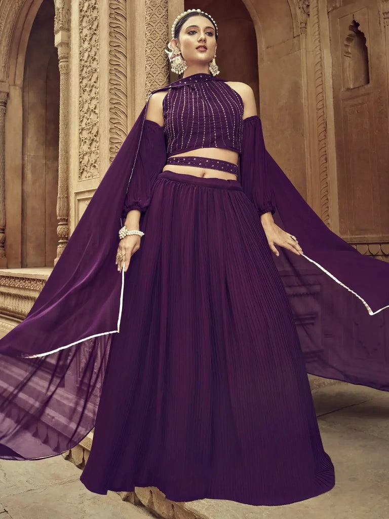 Pretty Purple Hand Work Georgette Function Wear Lehenga Choli - Ethnic Plus In