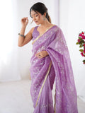 Pretty Purple Sequins Party Wear Saree With Blouse - Ethnic Plus In