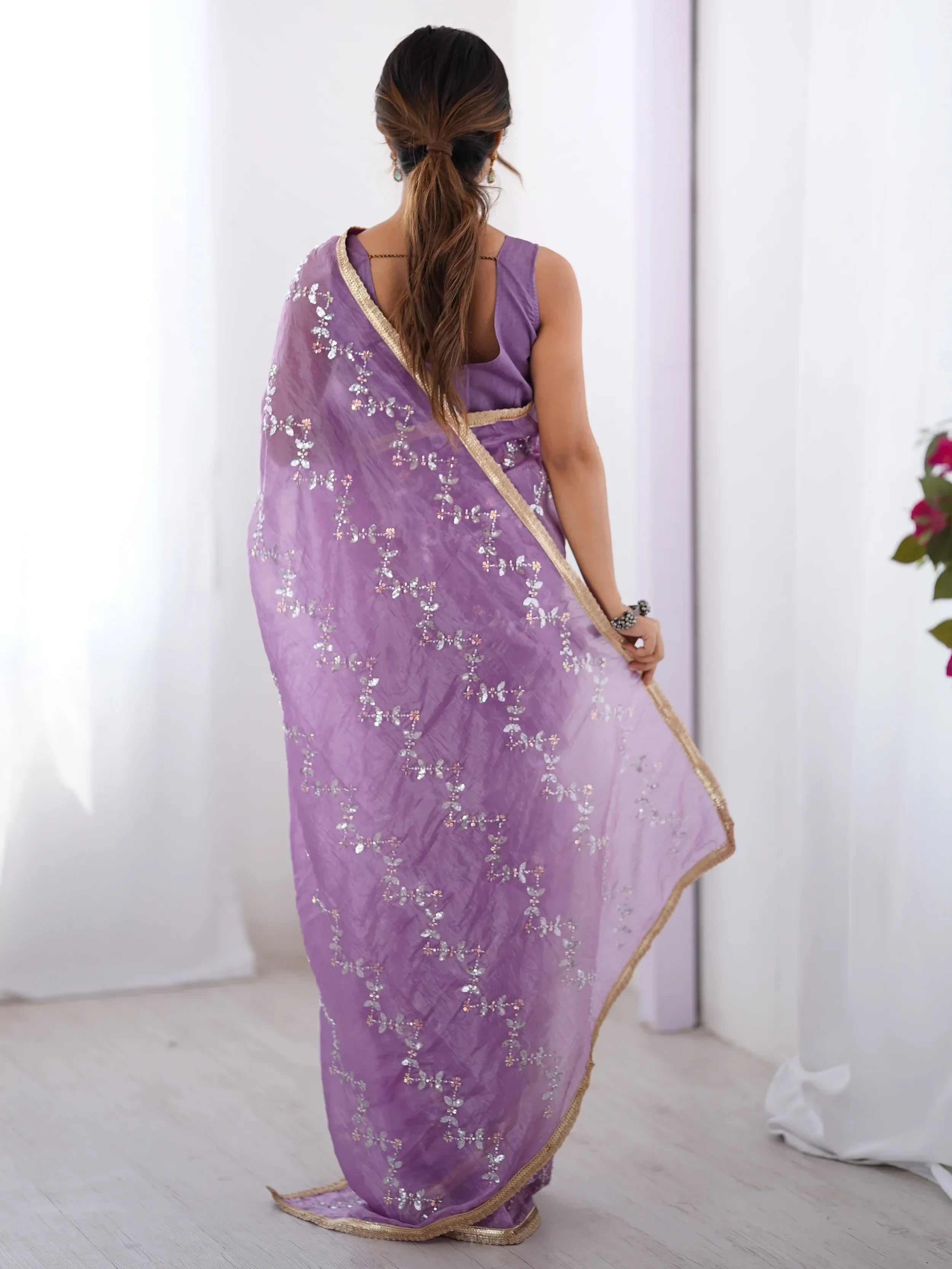 Pretty Purple Sequins Party Wear Saree With Blouse - Ethnic Plus In