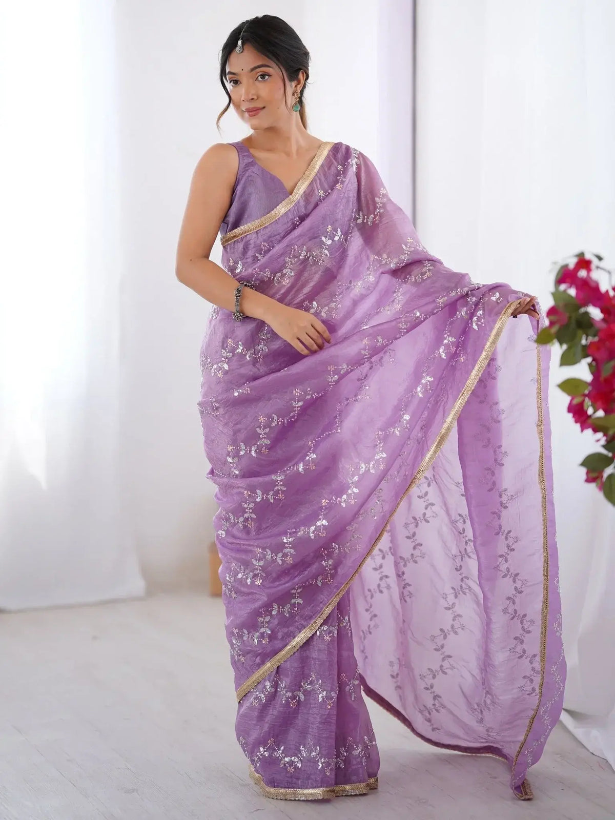 Pretty Purple Sequins Party Wear Saree With Blouse - Ethnic Plus In