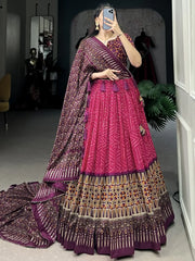 Pretty Rani Pink Color Printed Tussar Silk Wedding Wear Lehenga Choli - Ethnic Plus In