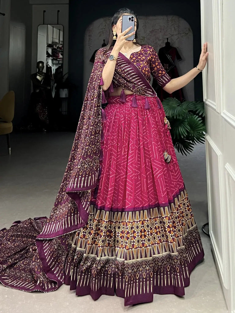 Pretty Rani Pink Color Printed Tussar Silk Wedding Wear Lehenga Choli - Ethnic Plus In