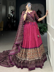 Pretty Rani Pink Color Printed Tussar Silk Wedding Wear Lehenga Choli - Ethnic Plus In