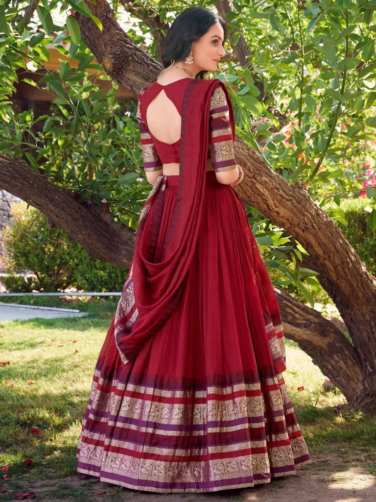 Pretty Red Chanderi Silk Zari Weaving Wedding Wear Lehenga Choli - Ethnic Plus In