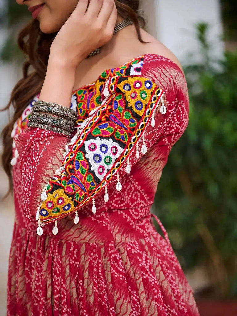 Pretty Red Georgette Bandhani Print Navratri Wear Gown - Ethnic Plus In