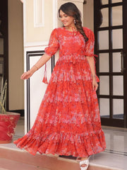 Pretty Red Georgette Floral Print Casual Wear Gown - Ethnic Plus In
