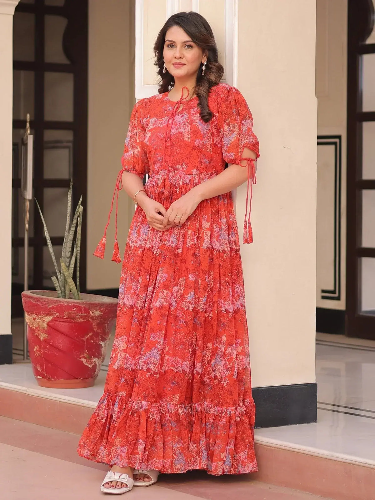 Pretty Red Georgette Floral Print Casual Wear Gown - Ethnic Plus In