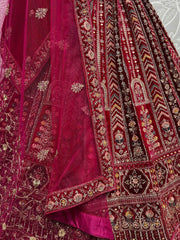 Pretty Red Jarkan Work Velvet Bridal Lehenga Choli With Double Dupatta - Ethnic Plus In