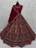 Pretty Red Jarkan Work Velvet Bridal Lehenga Choli With Double Dupatta - Ethnic Plus In