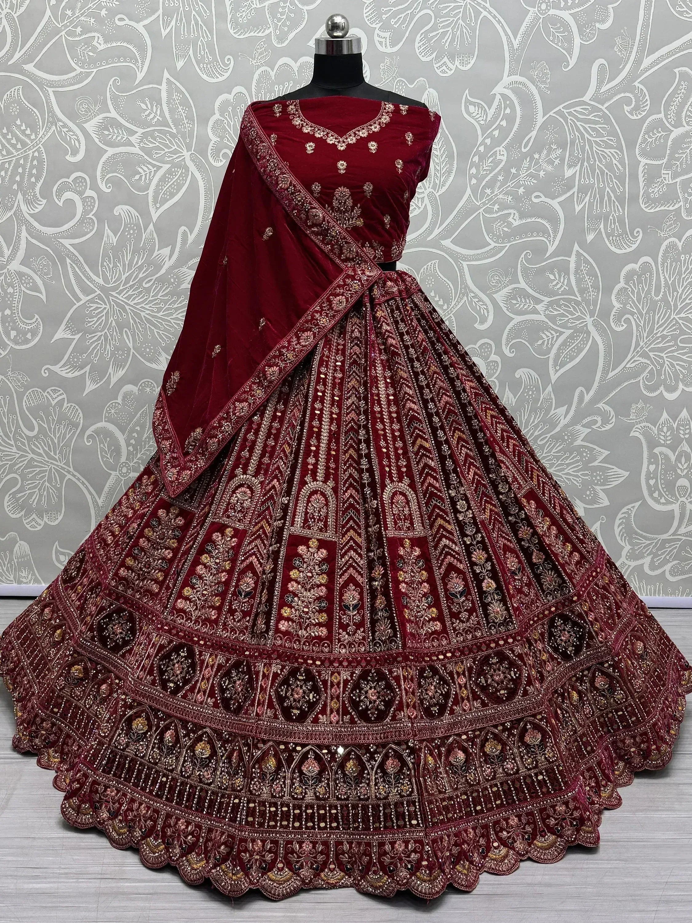 Maroon velvet designer lehenga choli with heavy embroidery and dupatta, Indian ethnic wear
