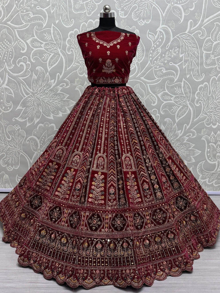 Pretty Red Jarkan Work Velvet Bridal Lehenga Choli With Double Dupatta - Ethnic Plus In