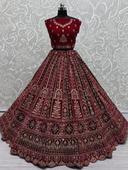 Pretty Red Jarkan Work Velvet Bridal Lehenga Choli With Double Dupatta - Ethnic Plus In