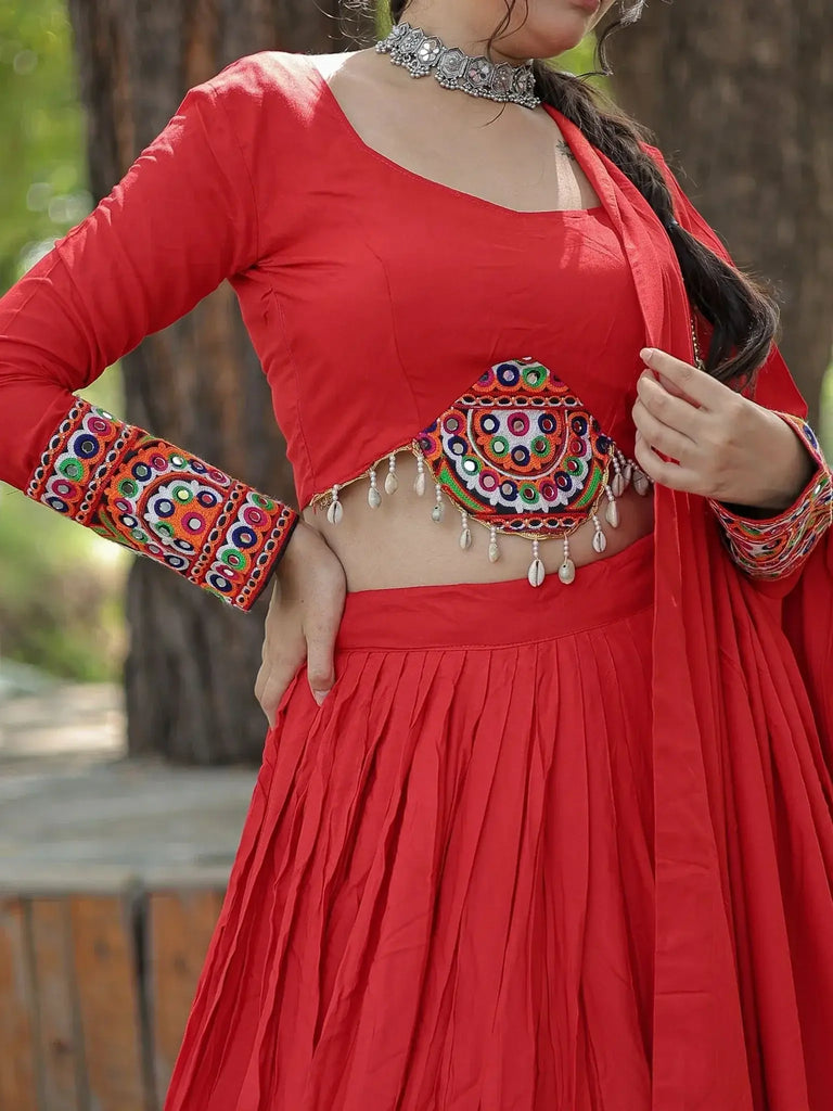 Pretty Red Mirror Work Reyon Navratri Lehenga Choli With Dupatta - Ethnic Plus In