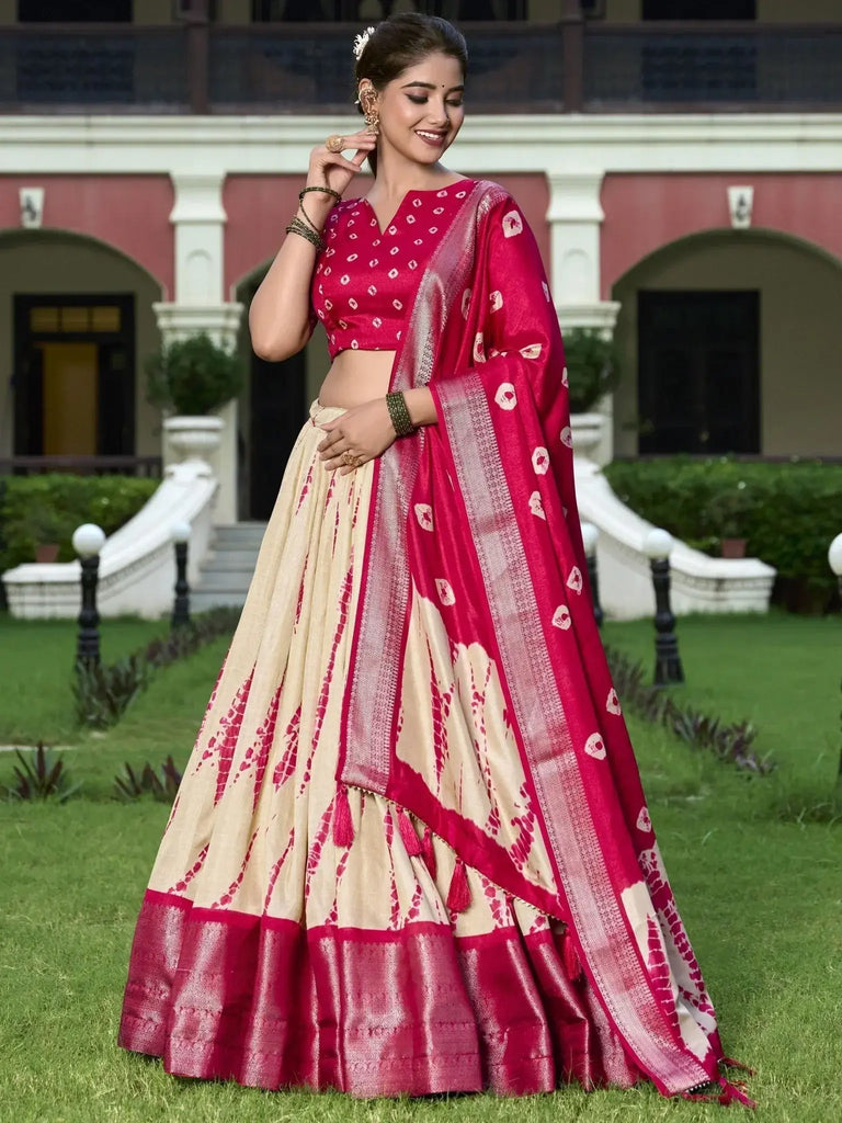 Pretty Red Shibori Print Silk Function Wear Lehenga Choli With Dupatta - Ethnic Plus In