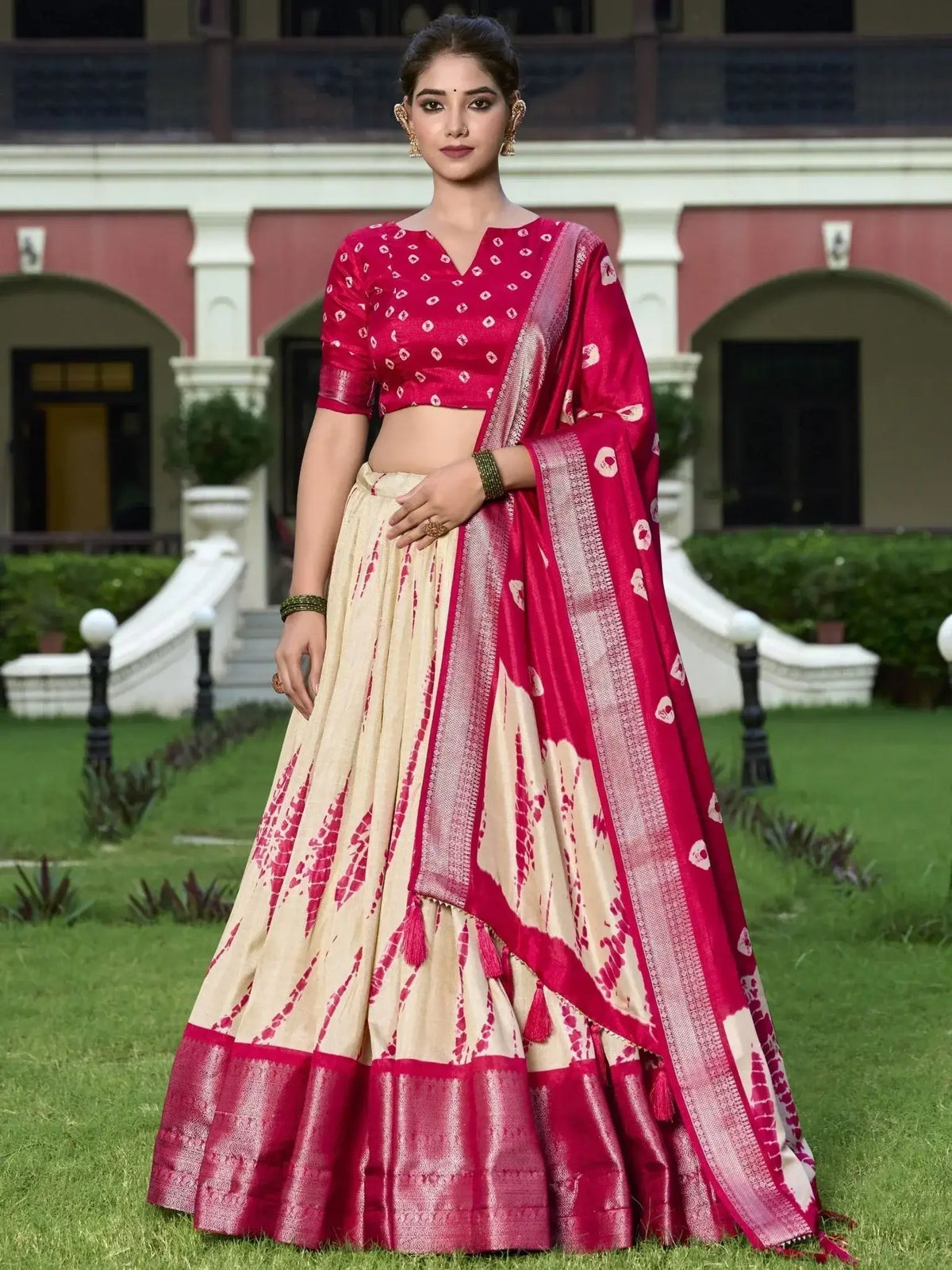 Pretty Red Shibori Print Silk Function Wear Lehenga Choli With Dupatta - Ethnic Plus In