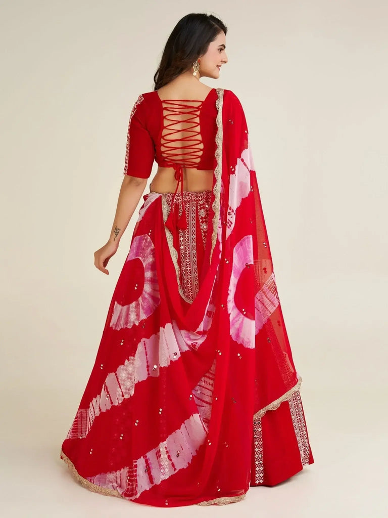 Pretty Red Thread Work Georgette Navratri Wear Lehenga Choli With Dupatta - Ethnic Plus In