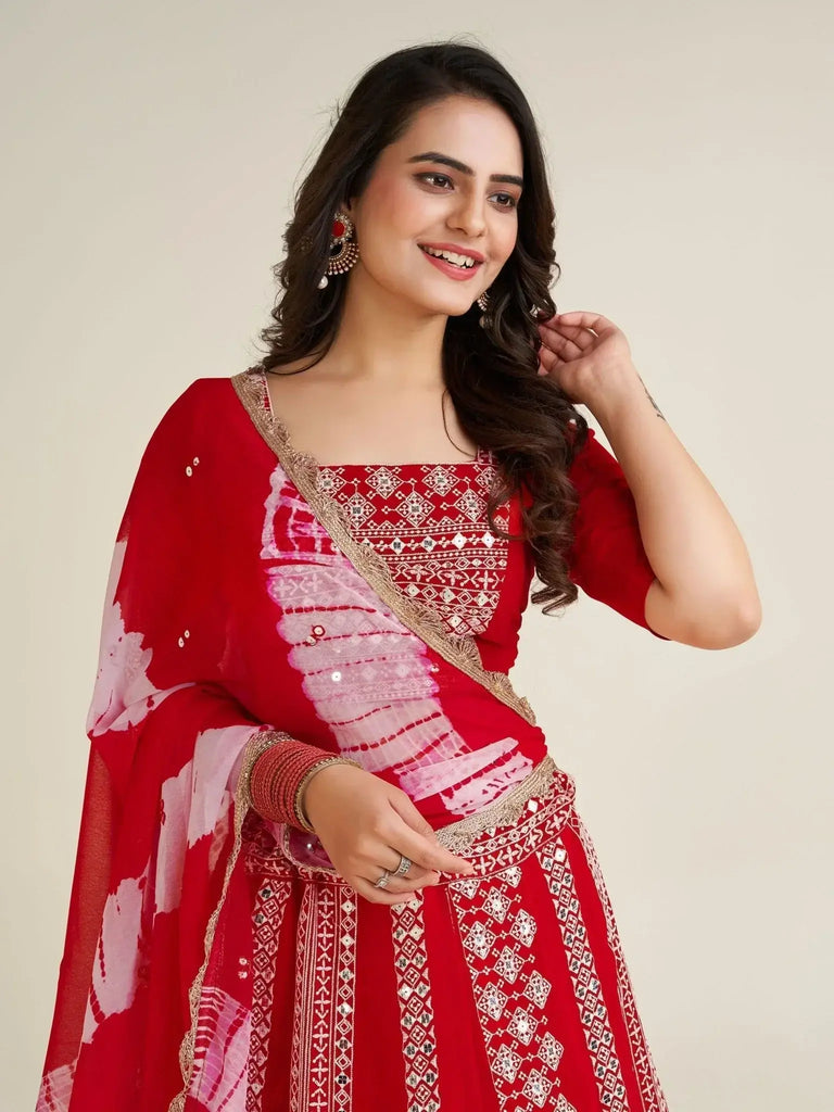 Pretty Red Thread Work Georgette Navratri Wear Lehenga Choli With Dupatta - Ethnic Plus In