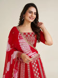 Pretty Red Thread Work Georgette Navratri Wear Lehenga Choli With Dupatta - Ethnic Plus In