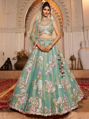Pretty Sea Green Thread Embroidered Net Bridesmaid Lehenga Choli - Ethnic Plus In