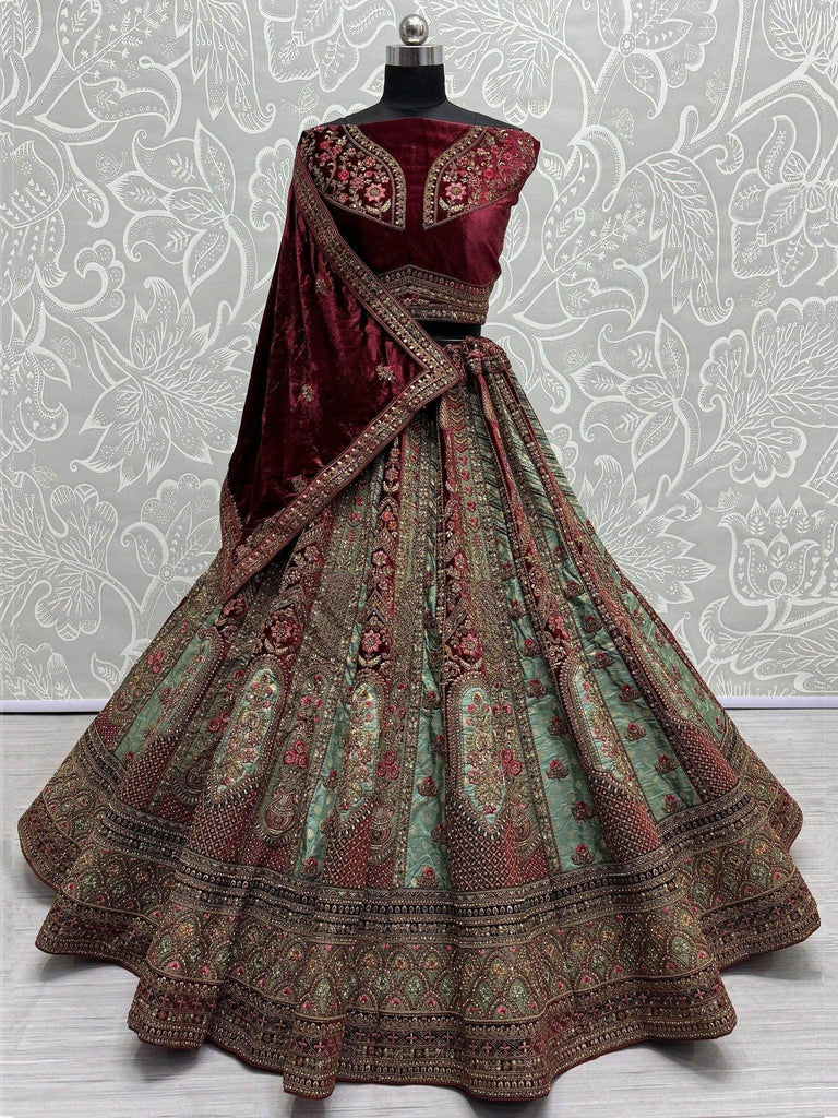 Pretty Sky - Blue Velvet Bridal Lehenga Choli With Double Dupatta - Ethnic Plus In