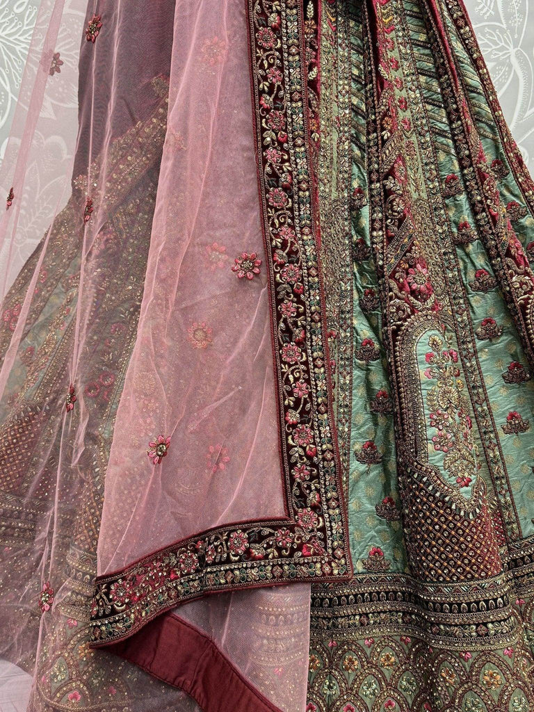 Pretty Sky - Blue Velvet Bridal Lehenga Choli With Double Dupatta - Ethnic Plus In