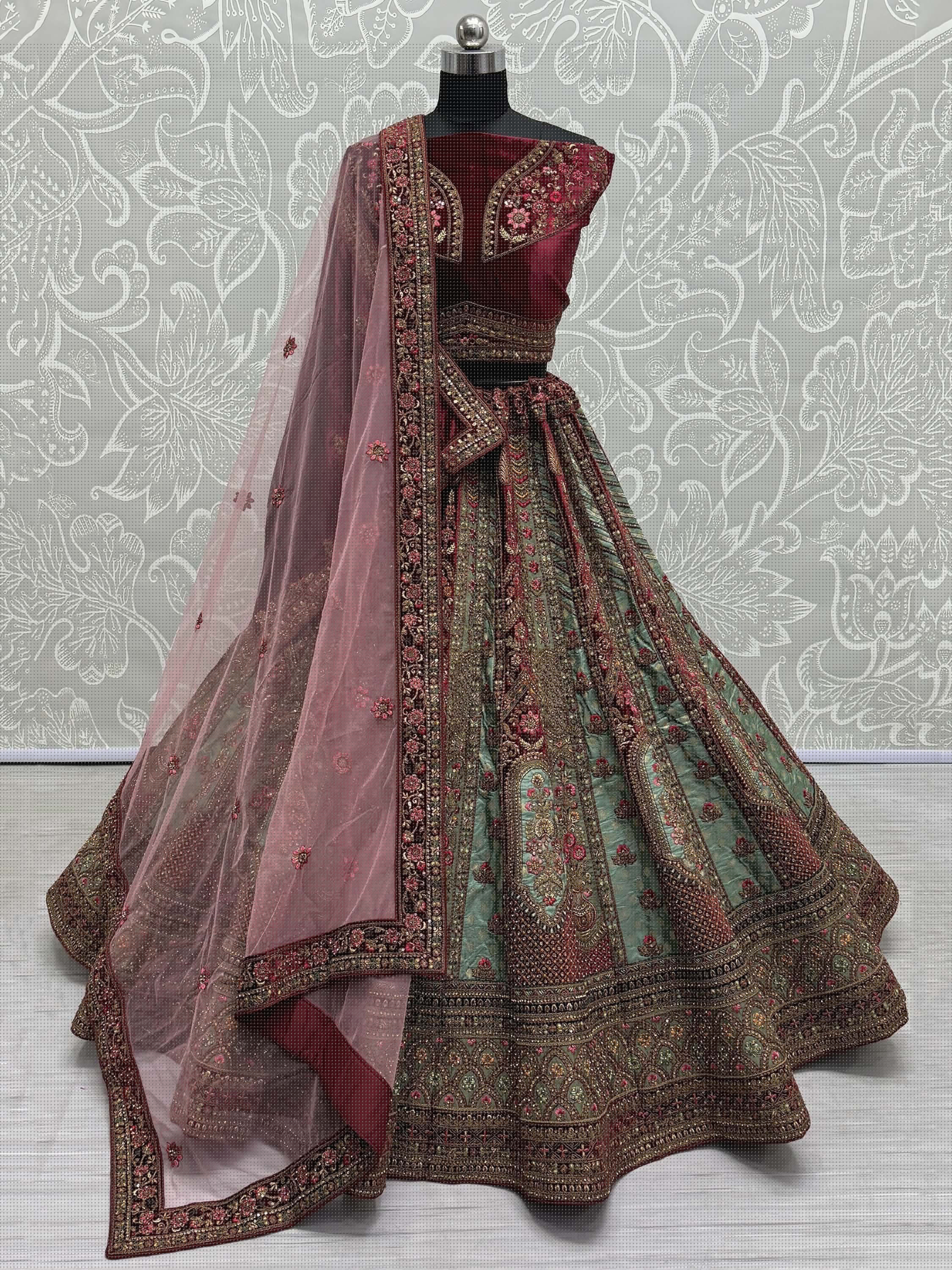 Pretty Sky - Blue Velvet Bridal Lehenga Choli With Double Dupatta - Ethnic Plus In