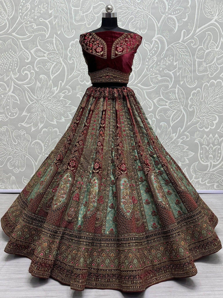 Pretty Sky - Blue Velvet Bridal Lehenga Choli With Double Dupatta - Ethnic Plus In