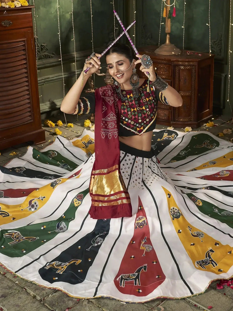 Pretty White Mirror Work Cotton Navratri Lehenga Choli With Dupatta - Ethnic Plus In