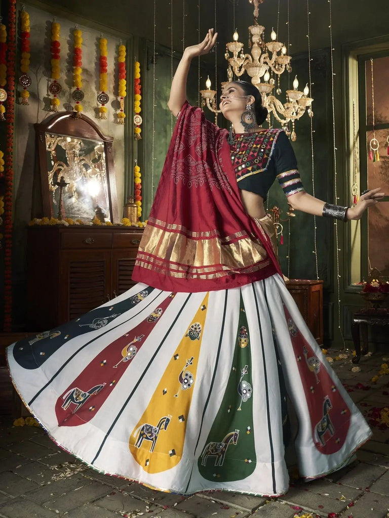 Pretty White Mirror Work Cotton Navratri Lehenga Choli With Dupatta - Ethnic Plus In