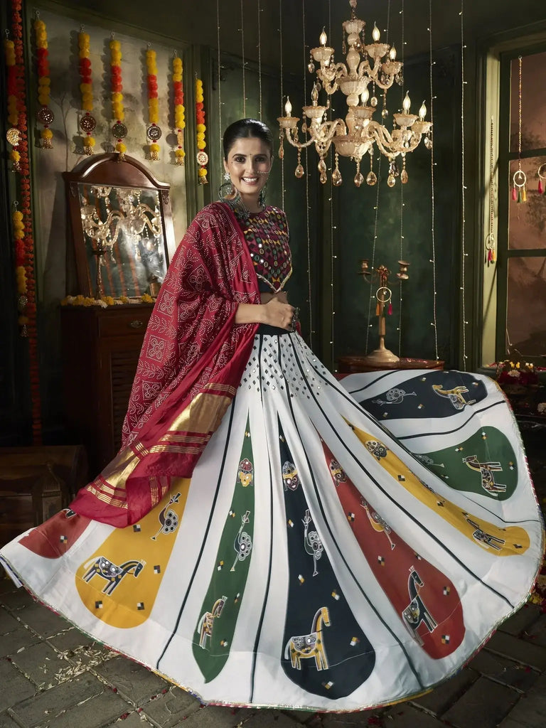 Pretty White Mirror Work Cotton Navratri Lehenga Choli With Dupatta - Ethnic Plus In