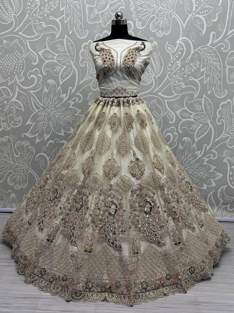 Pretty White Net Zari Work Engagement Wear Lehenga Choli With Dupatta - Ethnic Plus In