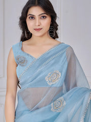Pretty Sky-Blue Jarkan Work Organza Event Wear Saree With Blouse