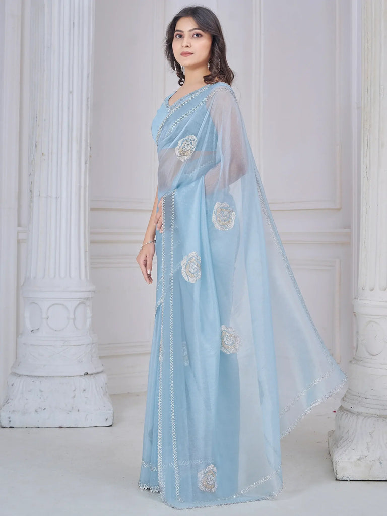 Pretty Sky-Blue Jarkan Work Organza Event Wear Saree With Blouse