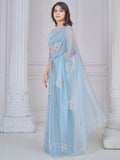 Pretty Sky-Blue Jarkan Work Organza Event Wear Saree With Blouse