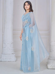 Pretty Sky-Blue Jarkan Work Organza Event Wear Saree With Blouse