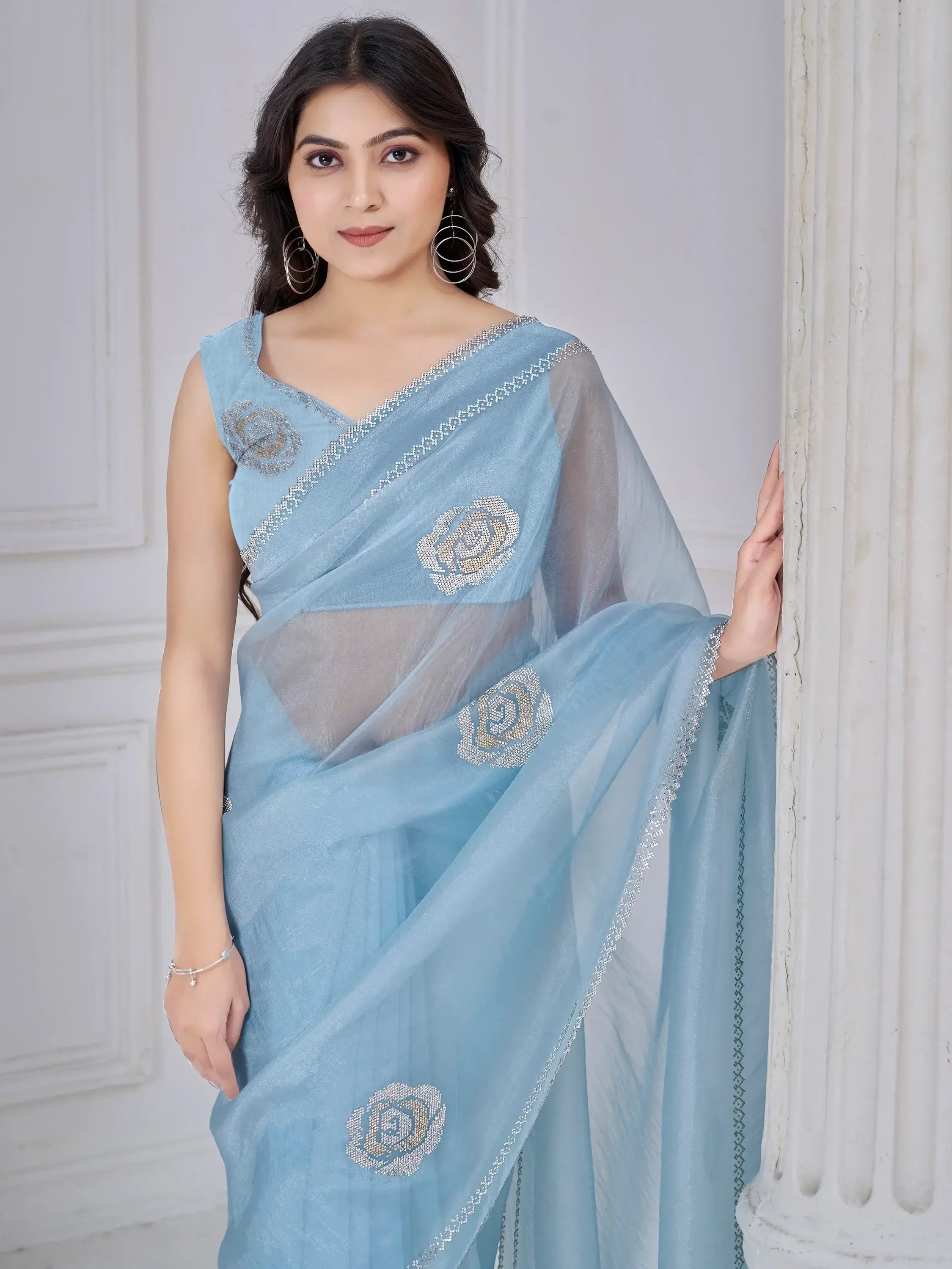 Pretty Sky-Blue Jarkan Work Organza Event Wear Saree With Blouse