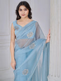 Pretty Sky-Blue Jarkan Work Organza Event Wear Saree With Blouse