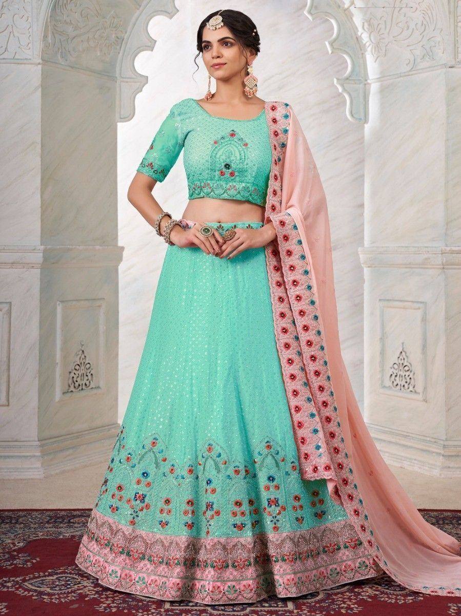 Mint green embroidered lehenga choli with pink dupatta, Indian ethnic wear for weddings and festivals