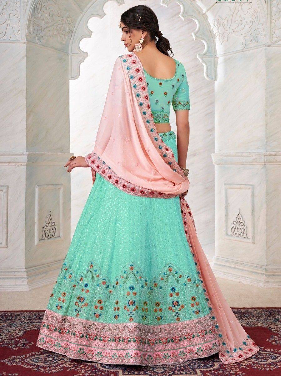 Mint green embroidered lehenga choli with pink dupatta, Indian ethnic wear for women