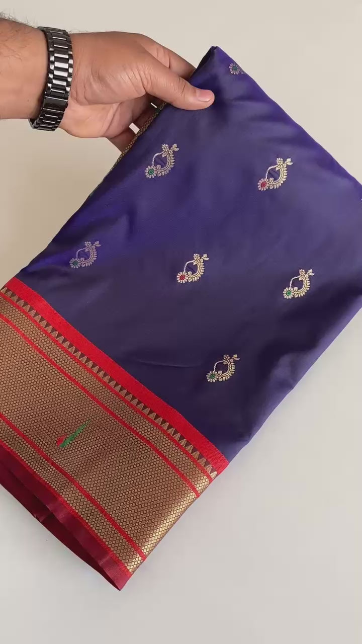 Impressive Blue Paithani Silk Floral Weaving Saree With Blouse